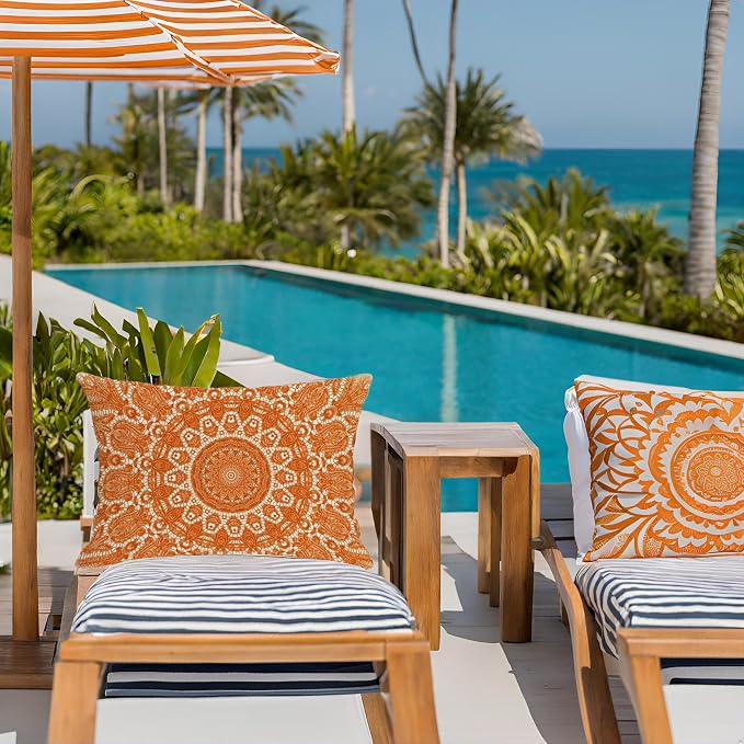 Fall Orange Outdoor Pillow Covers 12x20 Waterproof Mandala Bohemian Accent Lumbar Throw Pillow Covers for Patio Garden Couch Hippie Room Decor