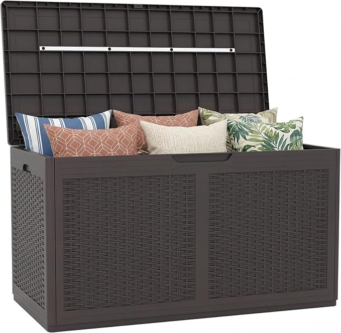 Tangkula 100 Gallon Outdoor Storage Box, Lockable Outdoor Storage Bench with 2 Smooth Wheels, Faux Rattan Surface, Waterproof Resin Deck Box for Outside Poolside Patio Garden (Brown)