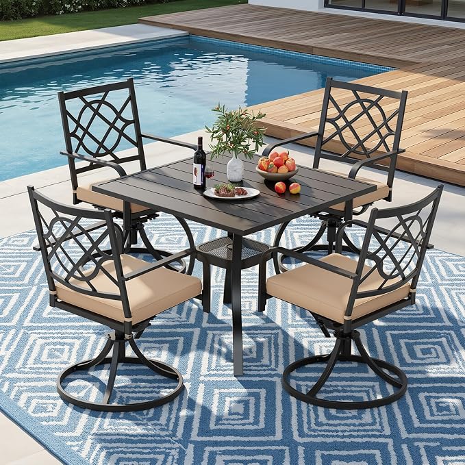 Crownland 5 Piece Patio Dining Set, 4 Swivel Metal Chairs and Square Outdoor Dining Table with 1.57" Umbrella Hole (Metal Tabletop)