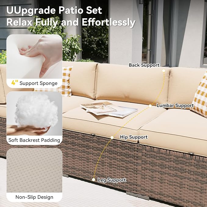 Aoxun Patio Furniture Set, 11 Piece Outdoor Sectional Sofas with Waterprool Cover, 10 Seats Wicker Rattan Outdoor Furniture Patio Conversation Set for Backyard, Garden (Brown Rattan Beige Cushions)