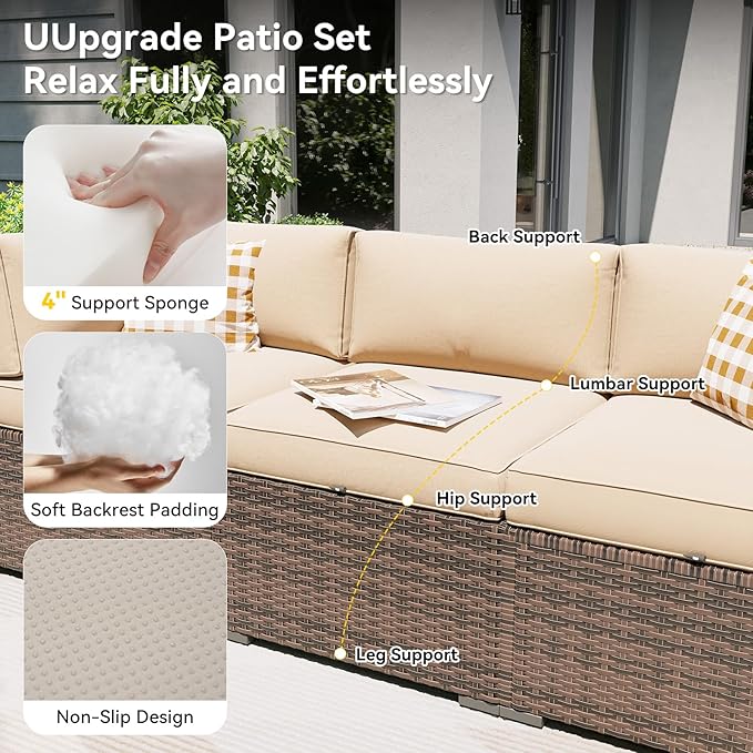 Aoxun Patio Furniture Set with Umbrella, 8 Piece Outdoor Sectional Sofas, Wicker Outdoor Furniture with Thickened Cushion for Backyard, Garden (Brown Rattan Beige Cushions)