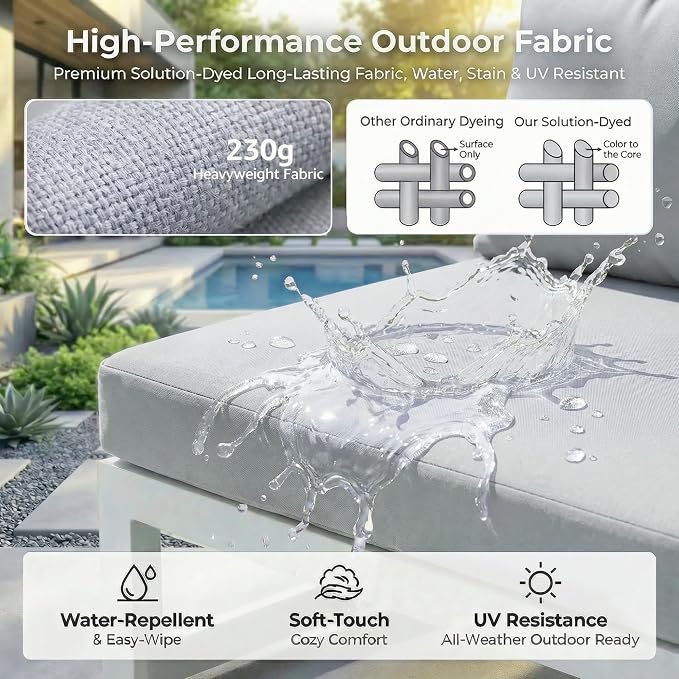 RADIATA 9 Pieces Aluminum Patio Furniture Set with Fire Pit Table, Modern Outdoor Sectional Sofa, Large Conversation Seat with Thick Cushion for Garden Backyard Deck Porch (White)