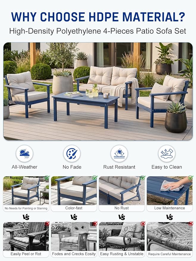 HDPE Patio Conversation Set 5 Seats, Outdoor Furniture Set, Patio Sofa Set | Water-Resistant Thick Cushion, HDPE All Weather, Wood-Grain, No Rot or Rust or Crack, UV Fade Shield, Easy-Clean for Outside