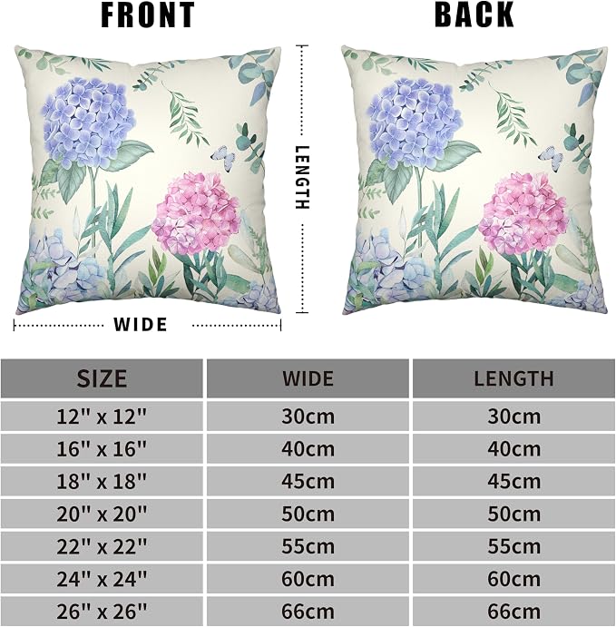 Watercolor Sping Flower Throw Pillow Covers Set of 2 Blue and Pink Hydrangea Pillow Case 24x24 Summer Floral Butterfly Cushion Case for Indoor Outdoor Patio Car