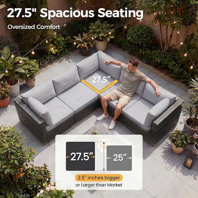 NICESOUL 29.3'' High Back Outdoor Patio Furniture Set with Firepit Natural Gas & Propane, 9 Piece Extra Large Conversation Set with Fire Pit Table, Modern Deep Wide Modular Wicker Sofa Couches, Gray