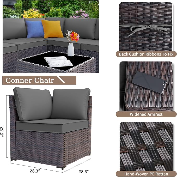 Kurapika 9 Pieces Patio Furniture Set, Rattan Wicker Sofa Set, Outdoor Conversation Sets w/Swivel Rocking Chairs Patio Sectional Sofa w/4 Inch Cushion, Grey