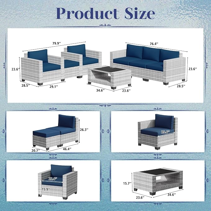 KIGOTY Patio Furniture Set 7 PCS Patio Conversation Sets, All-Weather PE Rattan Outdoor Sectional Sofa with Cushion and 2- Tier Glass Coffee Table（Grey White/Dark Blue）