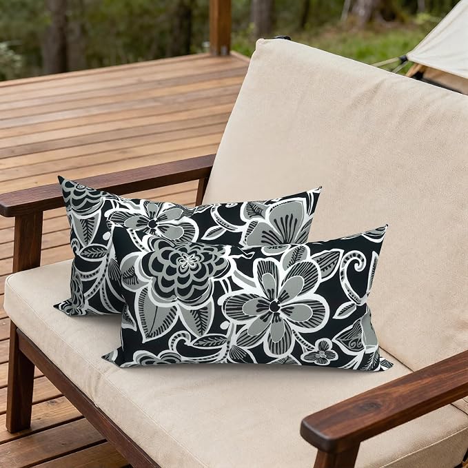 Outdoor Lumbar Pillows, Water Repellent Cushion Pillows 12x20 Inch, Outdoor Pillows with Inserts for Home Garden, Pack of 2, Flower Black
