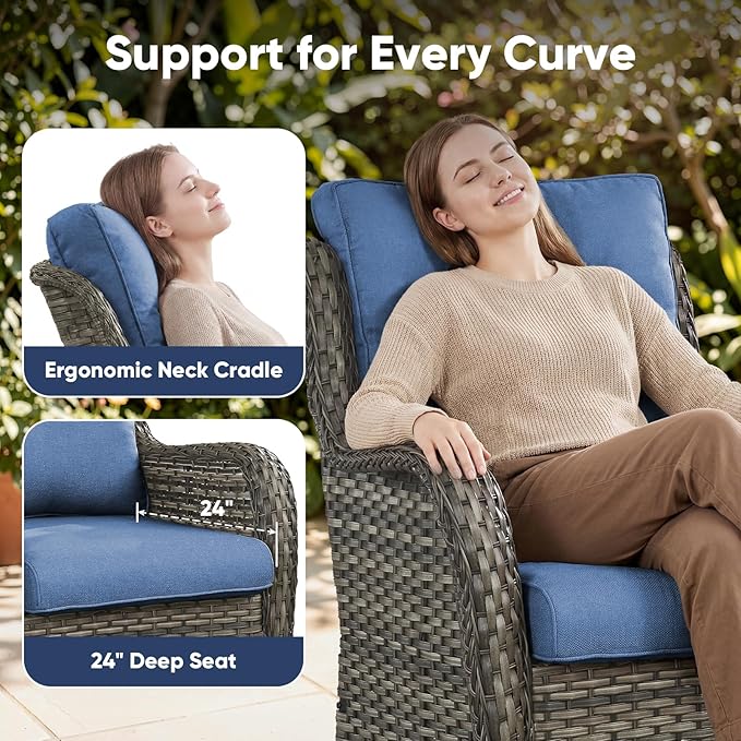 Belord Patio Furniture Set with Fire Pit Table,8 Piece Wicker Outdoor Furniture Set, Swivel Rocker Chairs with Ottomans and Loveseat, All Weather Patio Conversation Set, for Pool,Yard Gray Wicker/Blue