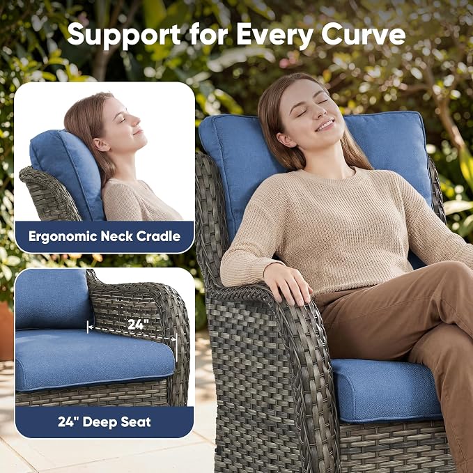 Belord Outdoor Swivel Chairs Set of 2,Patio Wicker Rocker Chairs,All Weather Patio Conversation Furniture Set, Ideal for Porch Balcony Deck Yard, Gray Wicker/Blue