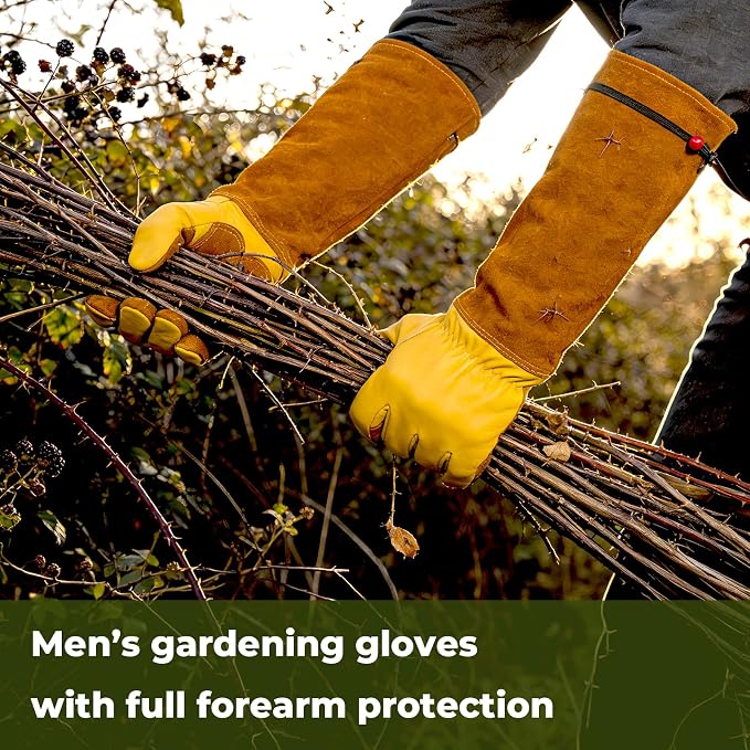 Aegend Long Gardening Gloves for Men, Reinforced Fingertips Cowhide Leather, Elbow-Length Gauntlet Cuff, Breathable & Durable for Yard Work Fit for Large Hands (Gold Yellow, L)