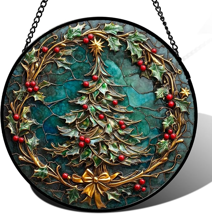 DASTOLL Stained Glass Window Hangings - Red Gold Green Wreath Suncatcher for Door Home Christmas Tree Decoration Sun Catcher Thanksgiving New Year Birthday Gift for Women Men Mom Grandma 11.8 in