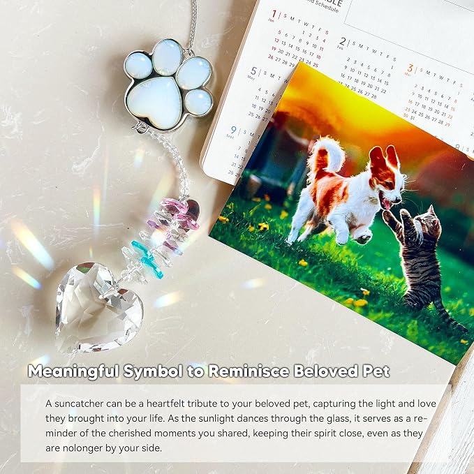 Dog Memorial Gifts, Pet Memorial Suncatcher, Loss of Dog Sympathy Gift | Thoughtful Dogs and Cats Bereavement Remembrance Gifts, Natural Cat's Eye Stone Paw Crystal Suncatcher