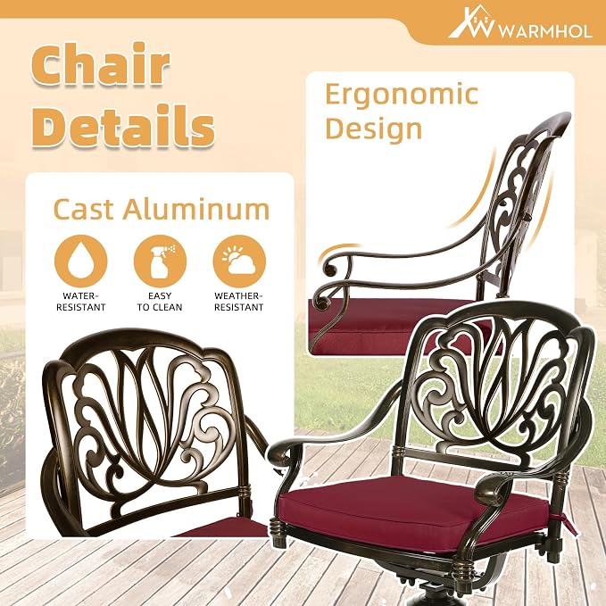 9-Piece Patio Furniture Dining Set, Cast Aluminum Outdoor Conversation Set- 61" Round Patio Dining Table with Detachable Lazy Susan & 8 Cushioned Swivel Rocker, Umbrella Hole, Chili Red