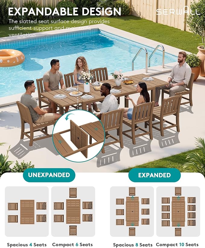 SERWALL 10-Piece Patio Dining Sets with 15FT Patio Umbrella, 60" - 83" Expandable Outdoor Dining Table and 8 HDPE Chairs, All Weather HDPE Outdoor Furniture Set, Brown (Umbreall Base not Included)