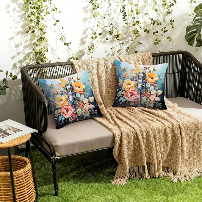 18x18 Inch Outdoor Pillow Covers Set of 2 Waterproof Throw Pillow Covers Decorative Couch Cushion Covers Microphone Floral Square Pillowcases Protectors for Patio Garden Sofa