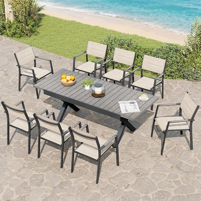 9 Pieces Expandable Outdoor Dining Set, 8 Stackable Double-Layer Textilene Chairs and 63''-83'' Expandable Patio Dining Table, Never-Rust Aluminum Patio Dining Set for Garden, Deck, Limed Oak