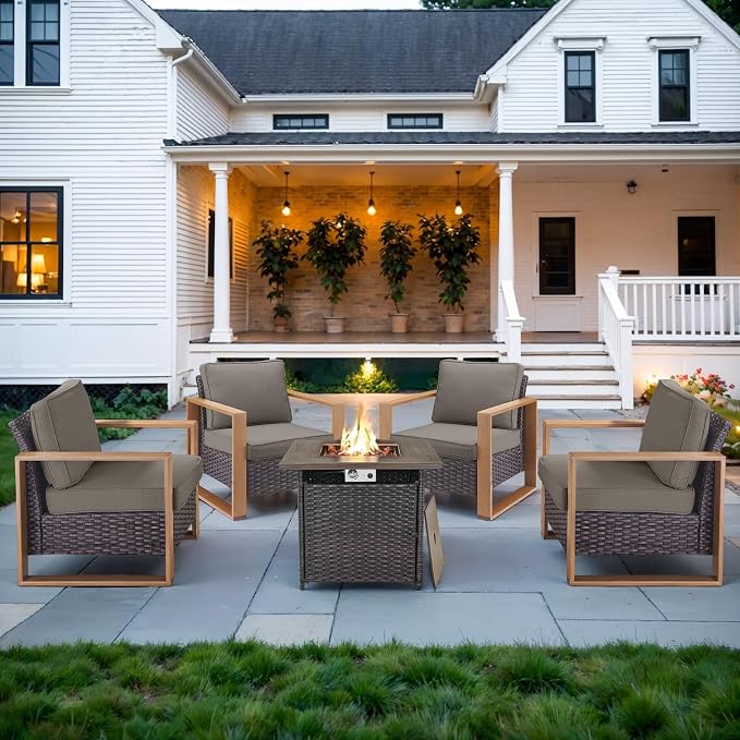 Belord Social 5 Pieces Patio Furniture Set - Patio Chairs Set of 4 with 50000BTU Propane Fire Pit Table, Durable Wicker Outdoor Conversation Set for Casual Gathering