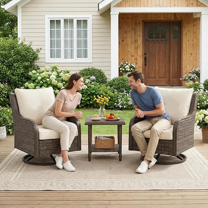 3-Piece Patio Furniture Set, 2 Swivel PE Wicker Chairs & Rattan Side Table, Outdoor Patio Swivel Rocker Seating for Porch Deck Balcony with Water-Resistant Cushions (Beige, 3-PCS)