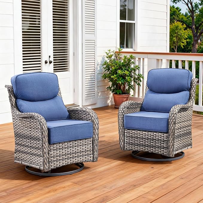 Luxury Outdoor Swivel Rocker Patio Chairs Set of 2 with 6-Inch Thick Cushions, High Back Swivel Patio Chairs Wicker Outdoor Gliders for Porch, Yard, Deck, Poolside, Grey/Blue