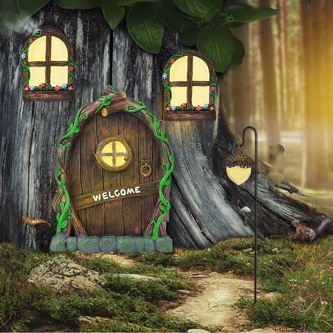 Fairy Door and Windows for Trees Outdoor, Glow in The Dark Fairy Doors Miniature Fairy Garden Accessories, Yard Art Sculpture Decoration Fairy Garden Decor with Lantern for Outside, Patio