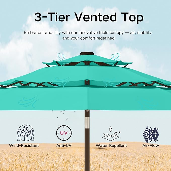 Kingdura 10ft 3-Tier Patio Umbrella with Solar Lights, Table Umbrella Outdoor Patio with Easy Crank & Tilt, 8 Sturdy Ribs, UV Protection, 32 LED Lights for Deck, Poolside, Market (Tiffany blue)