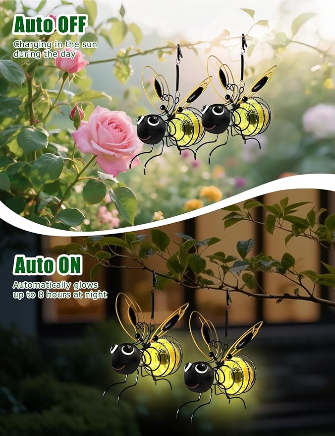 Solar Bees Lights Outdoor, 2026 New Hanging Bee Solar Garden Lights,IP44 Waterproof,Outdoor Statues Figurine Light Decorations for Balcony,Garden,Porch,Courtyard Decoration (1Pcs)