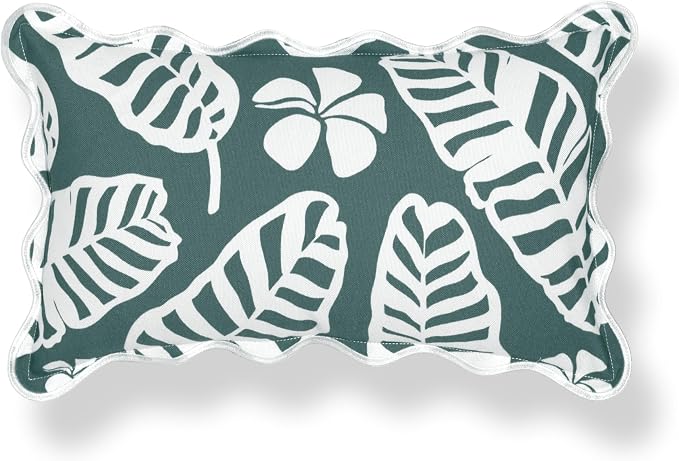 Hofdeco Premium Coastal Hampton Patio Indoor Outdoor Lumbar Pillow Cover Only, 12"x20" Water Repellent for Backyard, Couch, Poolside, Forest Green Print Palm Leaves and Hisbucs Flowers