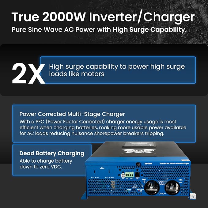 Battle Born 2000W Inverter/Charger - Pure Sine Wave AC Power with High Surge Capability - Built for RV, Marine, Solar, & Off-Grid Power Systems