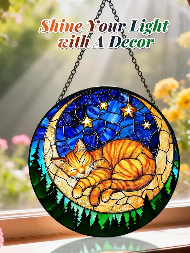 Orange Sleeping Cat Stained Glass Suncatcher Window Hanging Birthday Gifts | 7.8in Garden Sun Catcher, Cat on the Moon Starry Night Ornament for Door Home, Gift for Women Men & Mother's Day Christmas