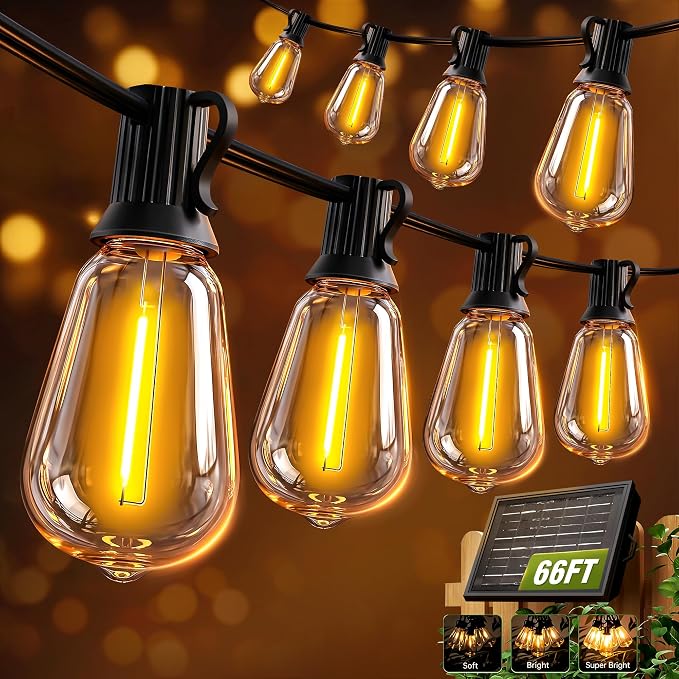 Solar String Lights Outdoor Waterproof with Remote & Timer, LED Shatterproof ST38 Bulbs, USB & Solar Powered Patio Lights for Backyard, Porch, Garden, Wedding, Christmas Decor (66FT)