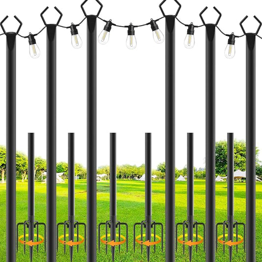 SINLEY 6 Pack String Light Poles,10 Ft Metal Poles with Fork for Outdoor String Lights,Outdoor Light Poles with Fork,Poles/Post/Stand for Outside,Patio,Deck,Backyard,Garden Wedding,Party