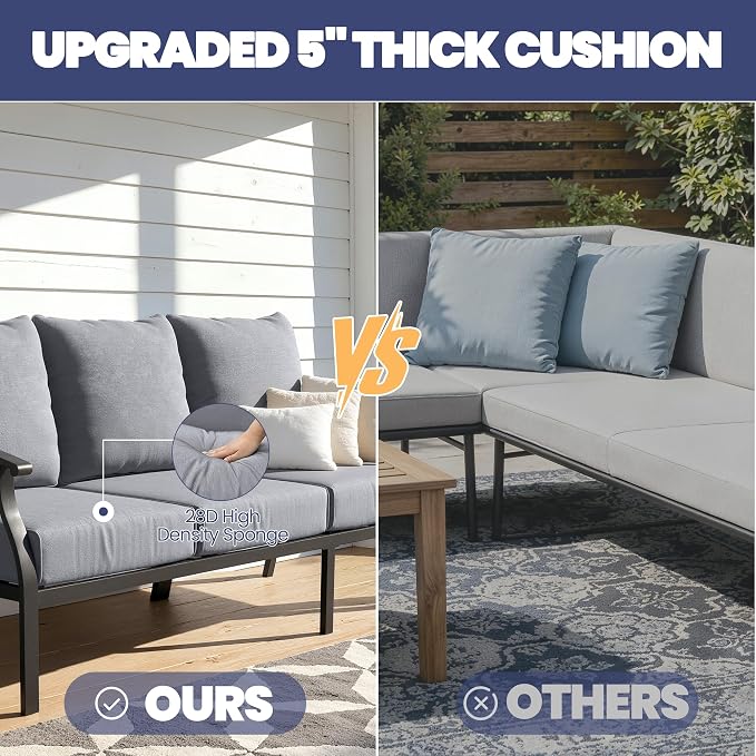 Kullavik Patio Furniture Set,4 Piece Metal Outdoor Patio Furniture Set,All Weather Modern Patio Conversation Sets w/3 Seater Sofa,2 Single Sofas and Coffee Table for Balcony Deck,Grey