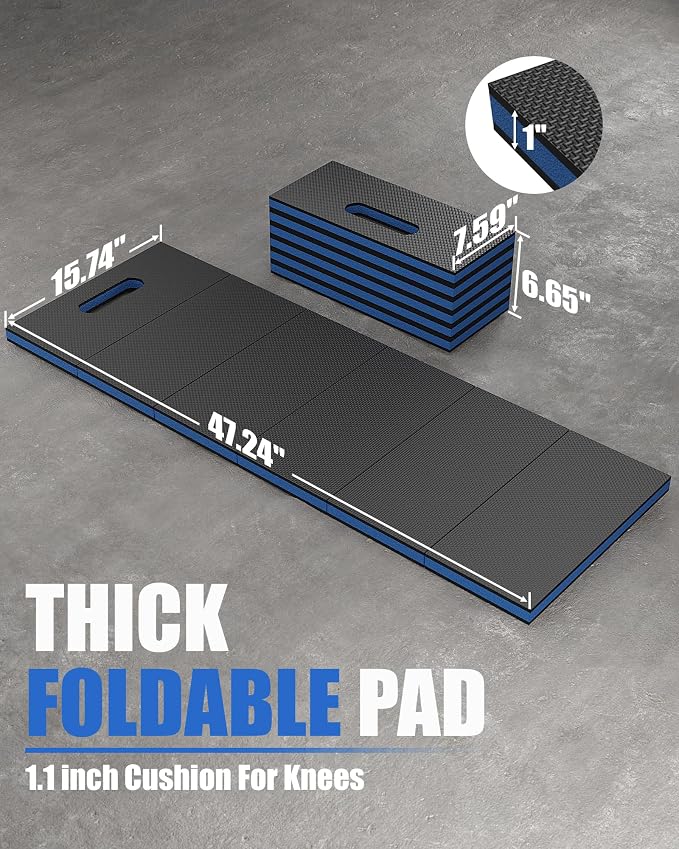 Folding Kneeling Pad, 1 Inch Thick Compact Mechanic Mat, Blue | 47.24 x 15.74 Inch 6-Panel Firm Foam Pad with Tool Pockets, Carry Handle and Water-Resistant Textured Surface