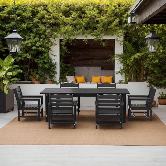 TenKa 7 Piece HDPE Patio Furniture Set for 6, Dining Table and Chairs, Outdoor Table with Umbrella Hole, Outdoor Dining Set for Garden, Backyard, Lawn, and Poolside