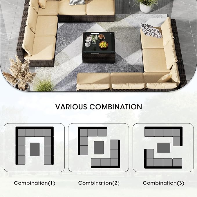 11 Piece Patio Furniture Set All Weather PE Rattan Outdoor Sectional Sofa Couch with No-Slip Cushions and Glass Top Table for Garden, Poolside, Backyard (Beige)