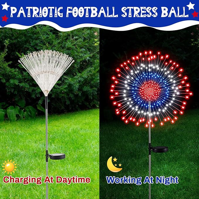 Tujoe 3 Pcs 4th of July Solar Firework Lights Patriotic Solar Light Outdoor Garden 120 LED 8 Modes Waterproof LED Sparkler Light for 250th Anniversary Patio Yard Pathway Walkway (Patriotic Colors)