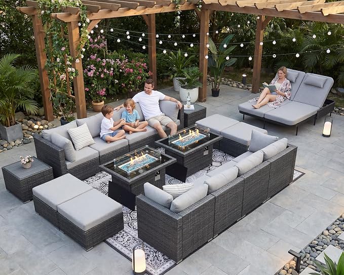 NICESOUL 18 Piece Patio Furniture Set with Fire Pit, Luxury Large Size Outdoor Patio Set with Fire Pit and Lounger, Extra Large 14-Seater Wide Deep High Back Outdoor Seating Sectional, Grey