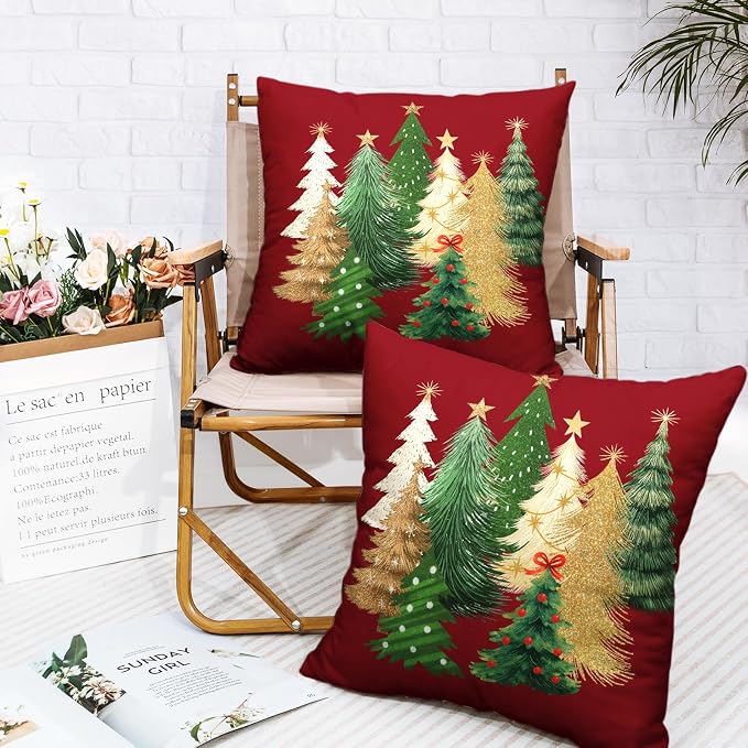 Red Christmas Pillow Covers 18x18 Set of 2 Gold Green Xmas Tree Pillow Case Winter Holiday Throw Pillow Covers Double Sided Printing Decorative Cushion Case for Couch Sofa