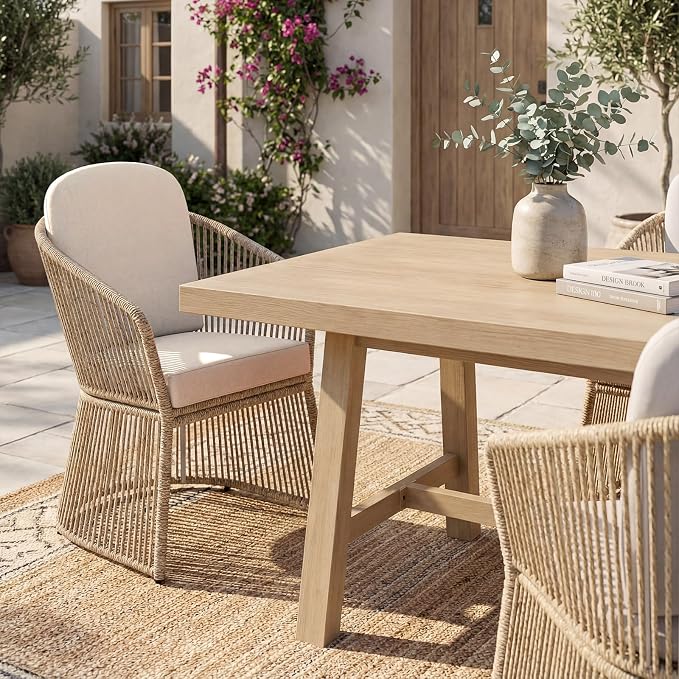 SUNSITT 7 Piece Outdoor Patio Dining Set, Patio Dining Furniture Set with 76” Aluminum Dining Table w/Umbrella Hole and 6 Woven Wicker Outdoor Patio Chairs w/Curved Armrest for Garden, Beige