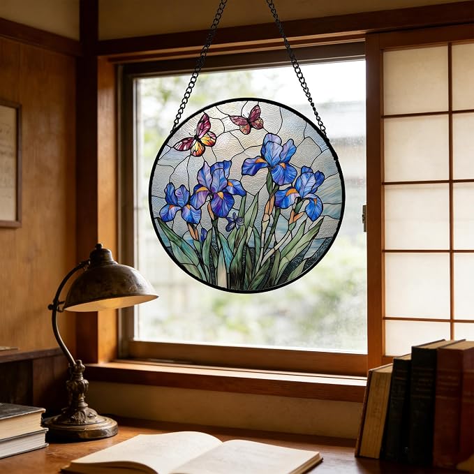 DASTOLL Stained Glass Window Hanging, Blue Iris Flowers Butterfly Suncatcher Diamond Colorful Glass Panel Sun Catchers Decor for Birthday for Women, Men, Wife, Aunt, and Mom 9.8 in