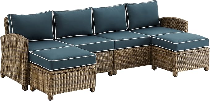 Crosley Furniture Bradenton 4-Piece Outdoor Sectional Sofa Wicker Conversation Patio Furniture Set for Deck, Brown with Navy Cushions