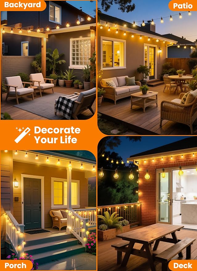 Outdoor String Lights, 50FT 25 LED Bulbs String Lights, IP65 Waterproof Connectable G40 Outside Patio Light for Backyard Porch Balcony Garden Decor Christmas Camping Gazebo