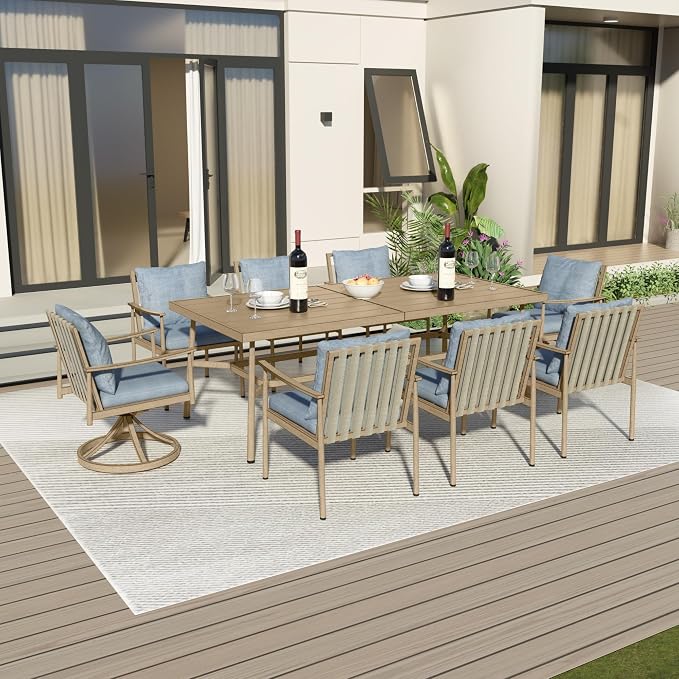 9-Piece Outdoor Dining Set for 8, Aluminum Dining Set with Cushions, 6 Dining Chairs and 2 Swivel Chairs with Rope Backrest,Large Rectangular Table with Umbrella Hole for Lawn Porch Yard,Brown