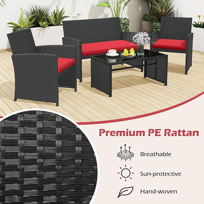 RELAX4LIFE 4-Piece Patio Furniture Set - Wicker Rattan Outdoor Sectional Sofa Set w/Glass Coffee Table, Loveseat, 2 Chairs & Soft Cushions, Bistro Conversation for Garden Porch (1, Black-Red)