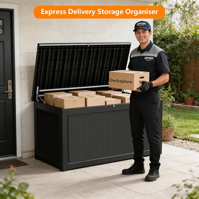 320 Gallon Outdoor Storage Box Resin Deck Box All Weather Waterproof Large Lockable Storage Container Deck Box for Patio Furniture, Garden Tools, Lockable, Black