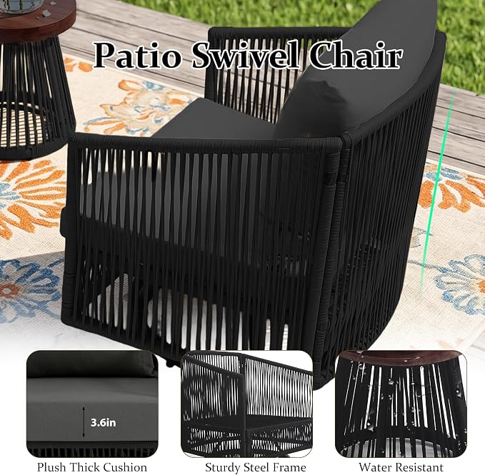 Outdoor Patio Furniture Set, 3 Pieces Outdoor Swivel Chairs with Coffee Table and Thick Cushion, Pe Wicker Rope Furniture Set for Entertaining, Balcony, Garden, Poolside, Gray