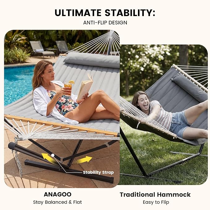 ANAGOO Double Hammock with Stand, Heavy Duty Outdoor Hammock for Two, 500 LBS Capacity, Stable Steel Frame with Balance Strap, Easy Tool-Free Assembly for Patio, Garden, Backyard & Beach,Dark Grey