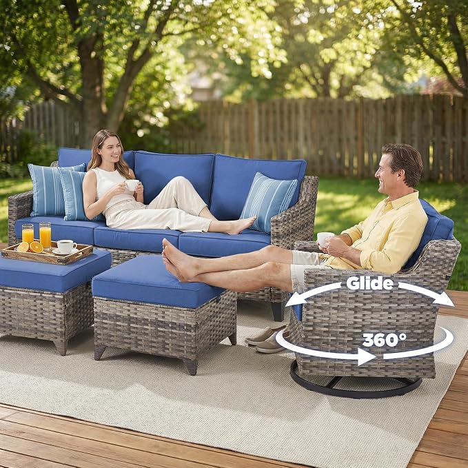 Belord Patio Wicker Swivel Rocker Patio Chairs with 3-Seater Sofa, Outdoor Rattan Chairs for Deck Porch Poolside, 6 Piece Luxury Patio Furniture Set, Blue