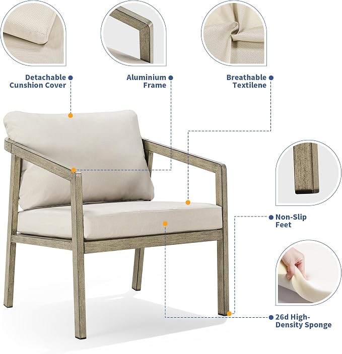 Patio Sofa Chairs Set of 2, Never-Rust Aluminum Outdoor Club Chairs with Washable Thick Cushions, All-Weather Modern Armchair Set for Porch, Deck, Garden, Backyard (Grey+Beige)